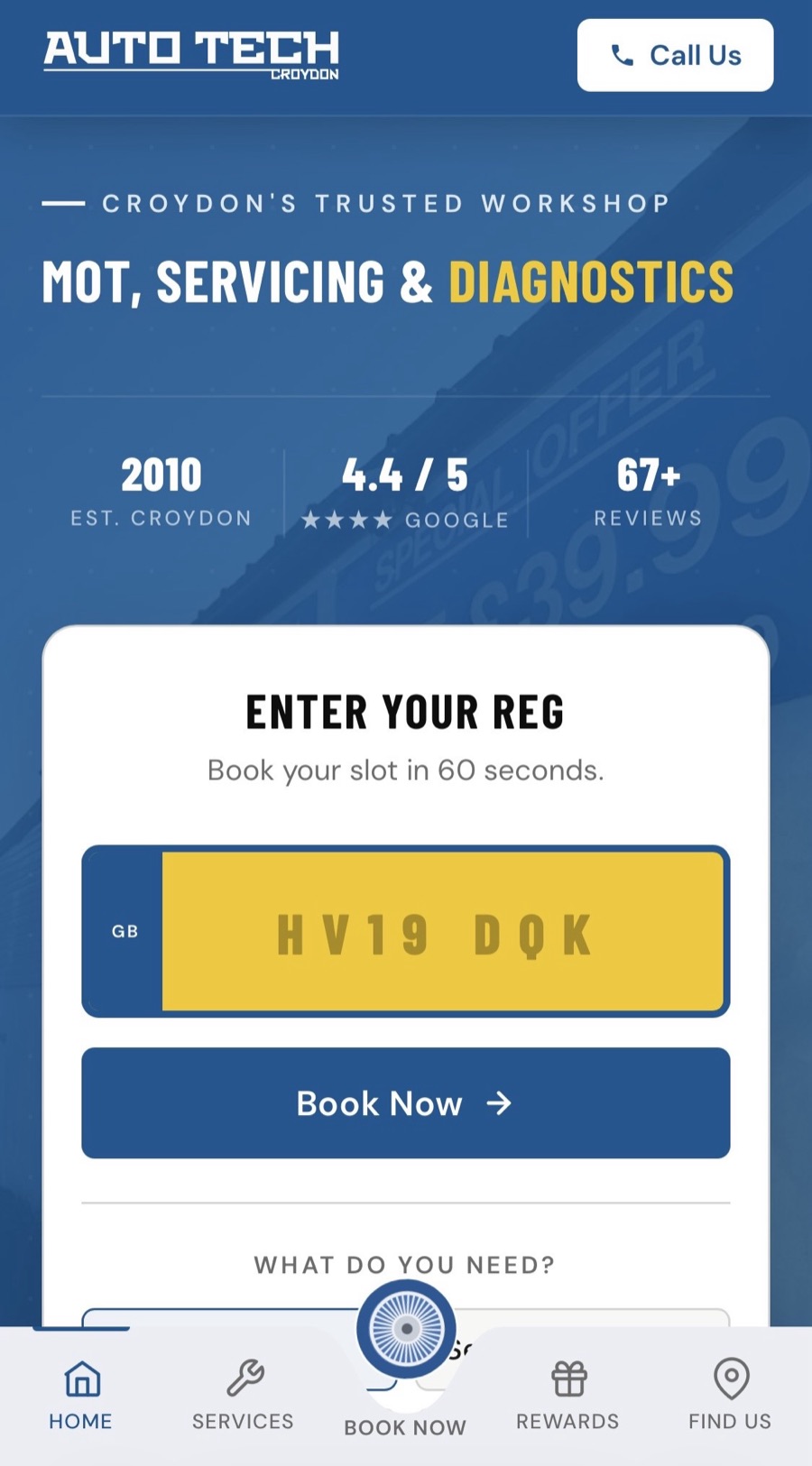 Auto Tech home screen with registration plate entry