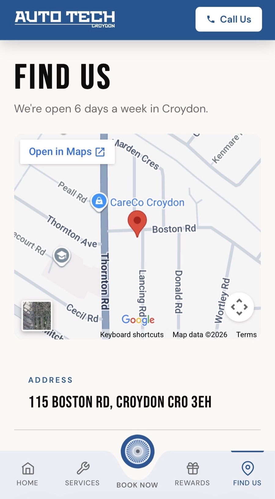 Auto Tech find us screen with map and address