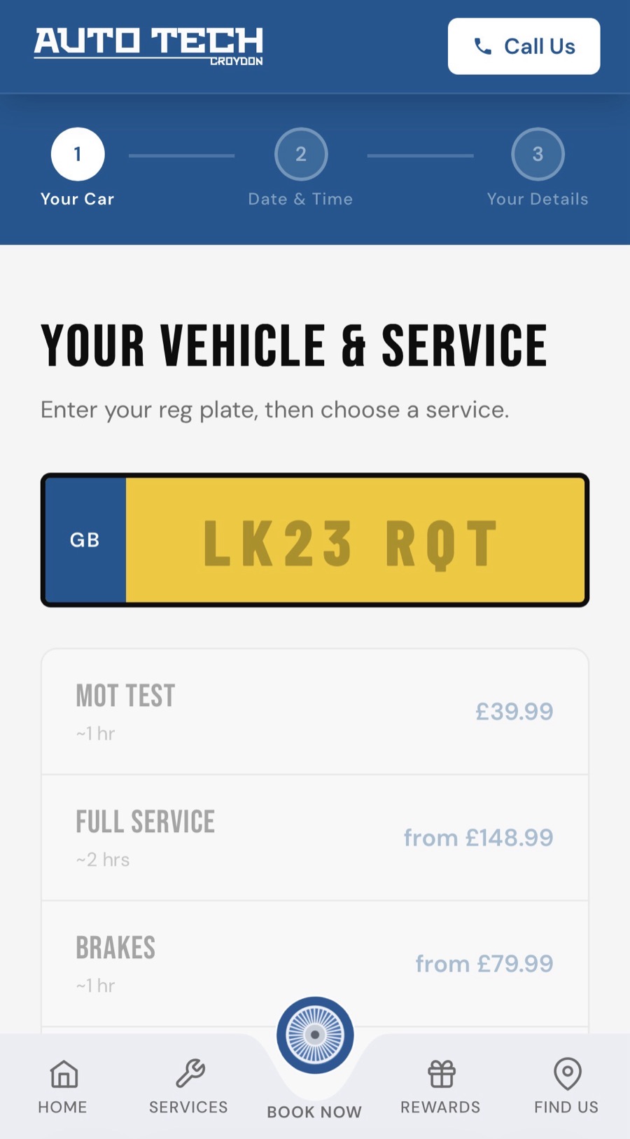 Auto Tech three-step booking flow