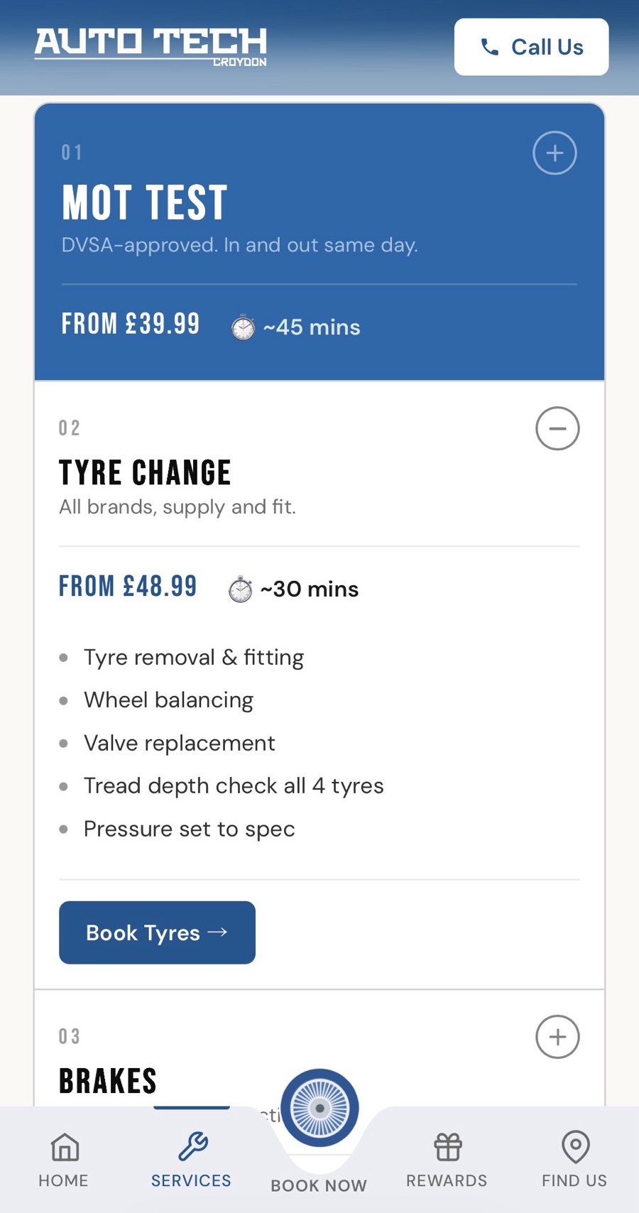 Auto Tech services screen with prices and durations