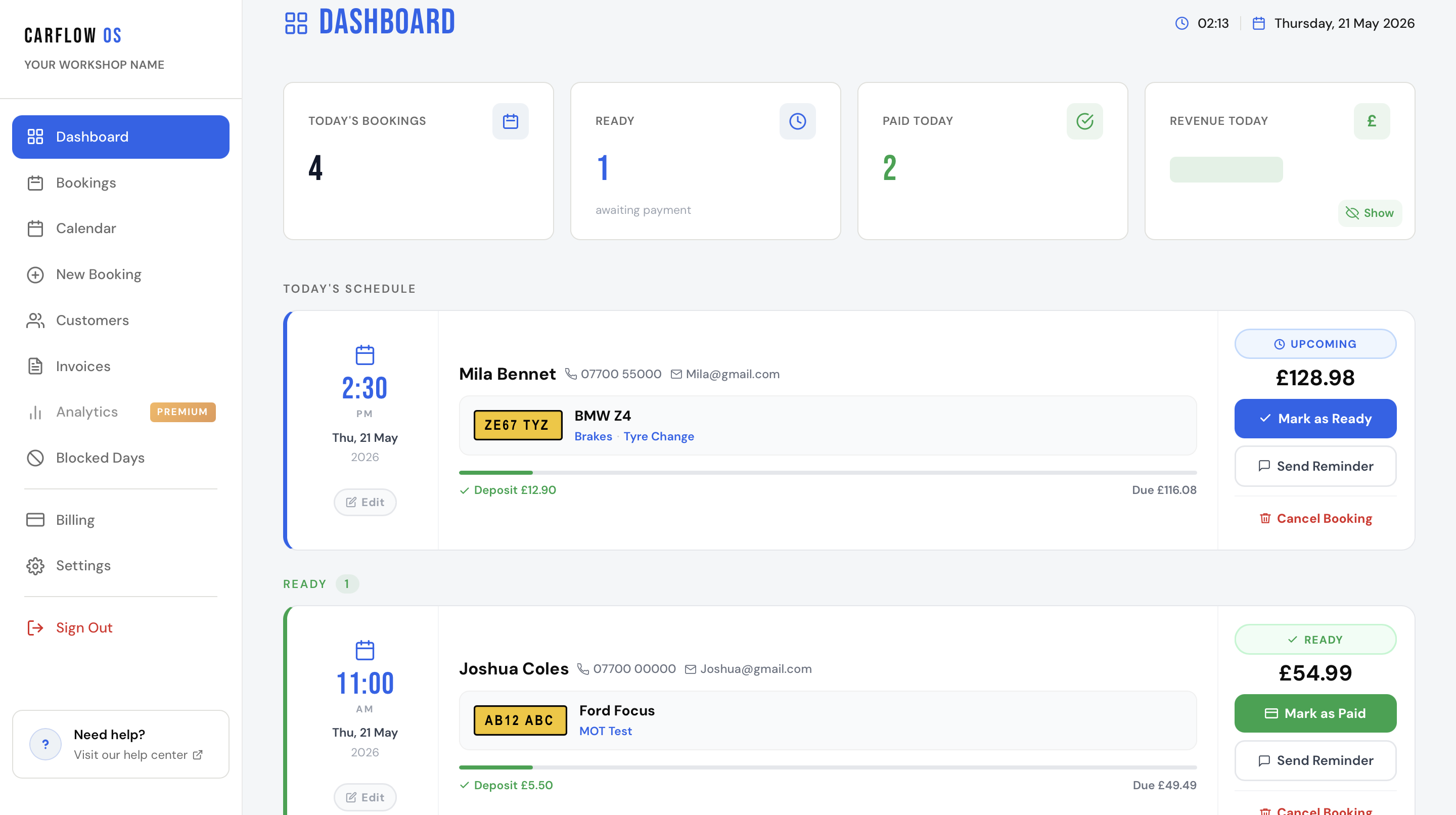 CARFLOW OS dashboard bookings screen